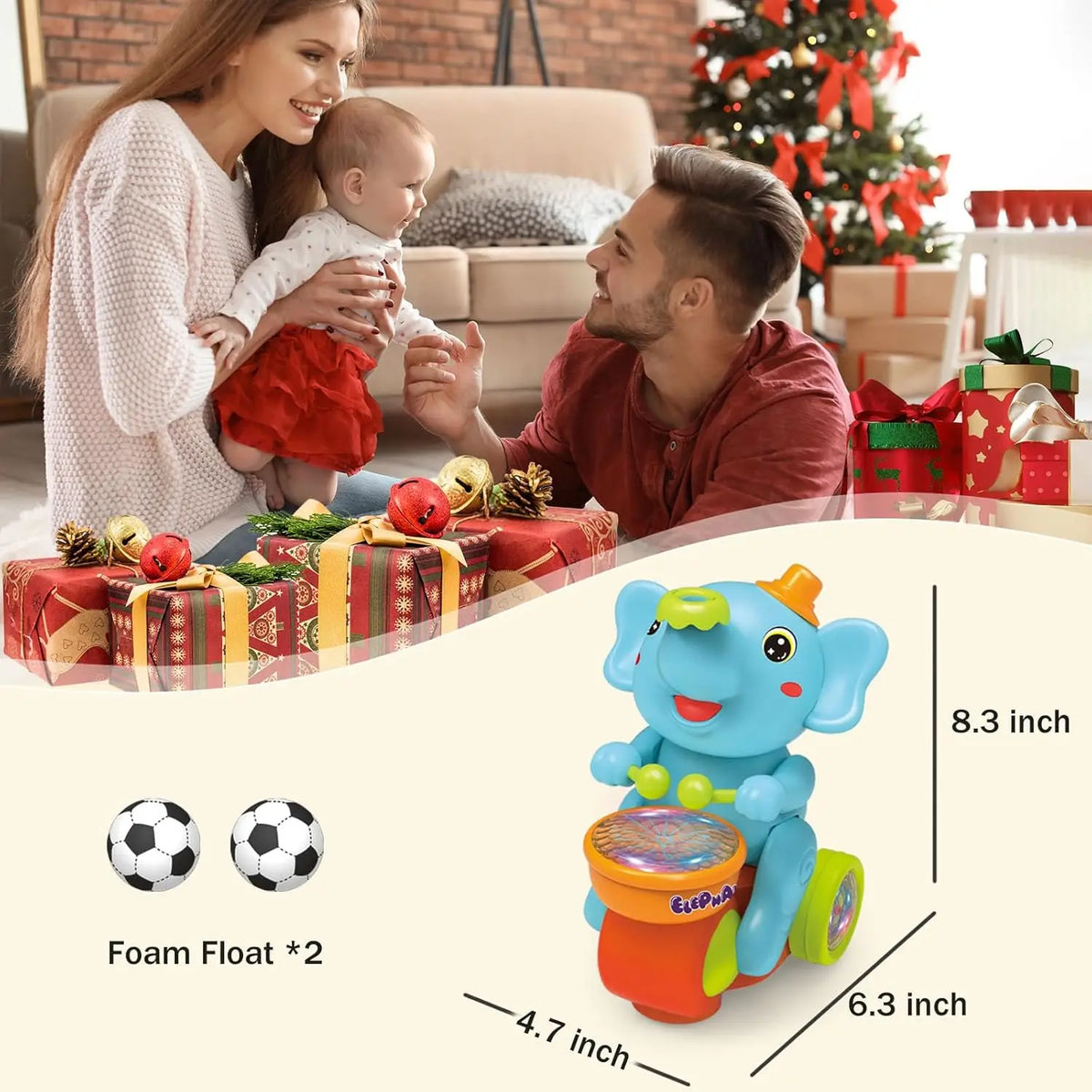 Musical Elephant Crawling Toy with Walking Action, Floating Ball, LED Lights and Drum Sounds for Supervised Baby Floor Play and Gifts
