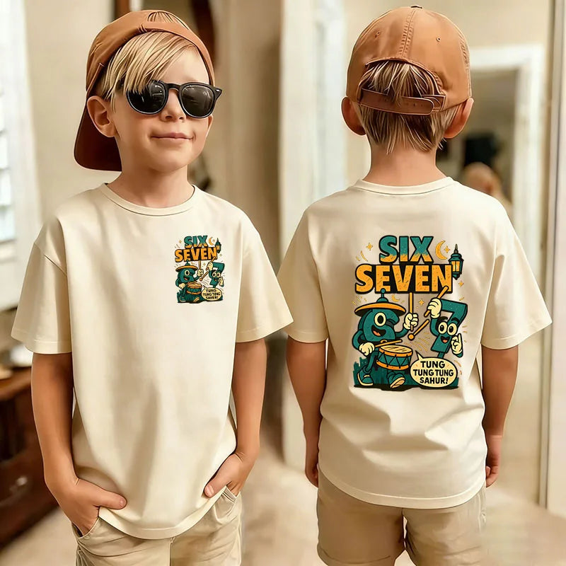 Six Seven Kids T-Shirt with Funny 67 Number Graphic, Short Sleeve Summer Top for Boys and Girls, Casual Playdate Outfits and Birthday Fan Gifts