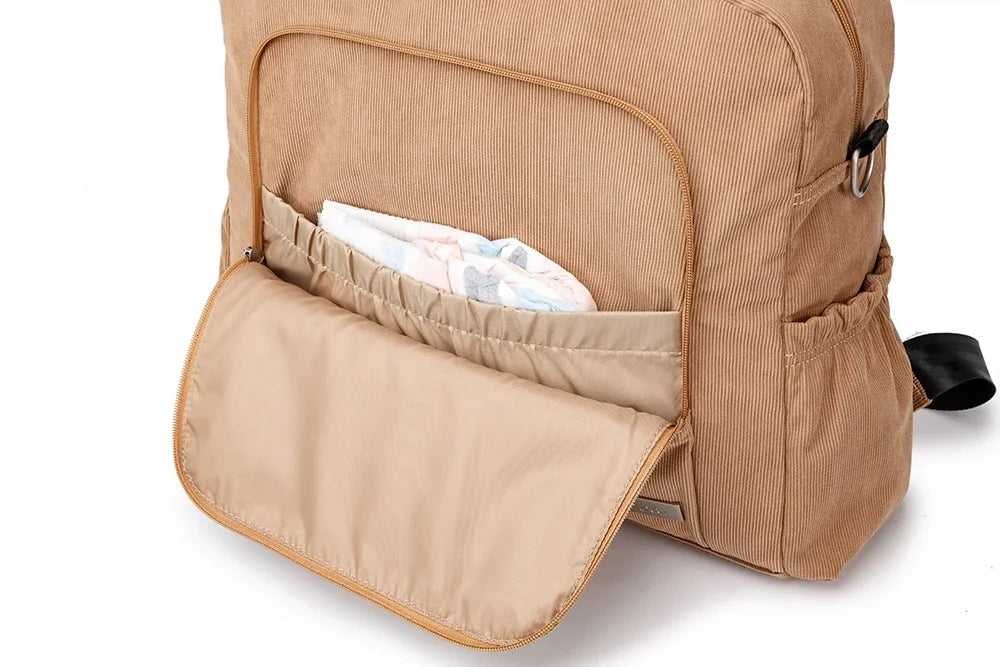 Corduroy Diaper Backpack by Soboba, Large Capacity Baby Changing Bag with Interior Pockets, Front Zip Storage and Side Pockets for Daily Outings