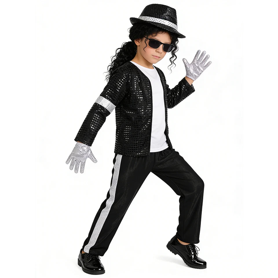Kids Pop Star Costume with Black Sequin Jacket and Pants Set Options, Retro Dance Performance Outfit for Halloween and Parties, Sizes S-XL