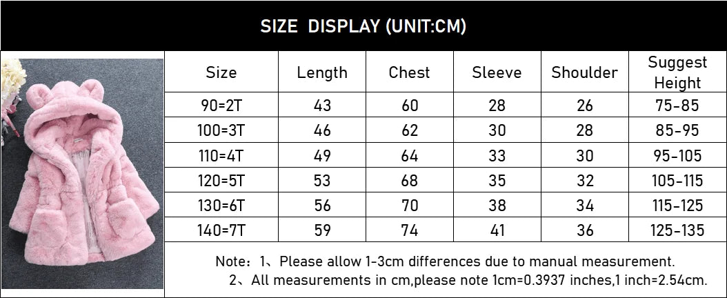 Girls Faux Fur Winter Coat with Bear Ear Hood and Zip Front, Plush-Look Toddler Jacket in Red, Beige, Black or Pink, Sizes 2T–7T