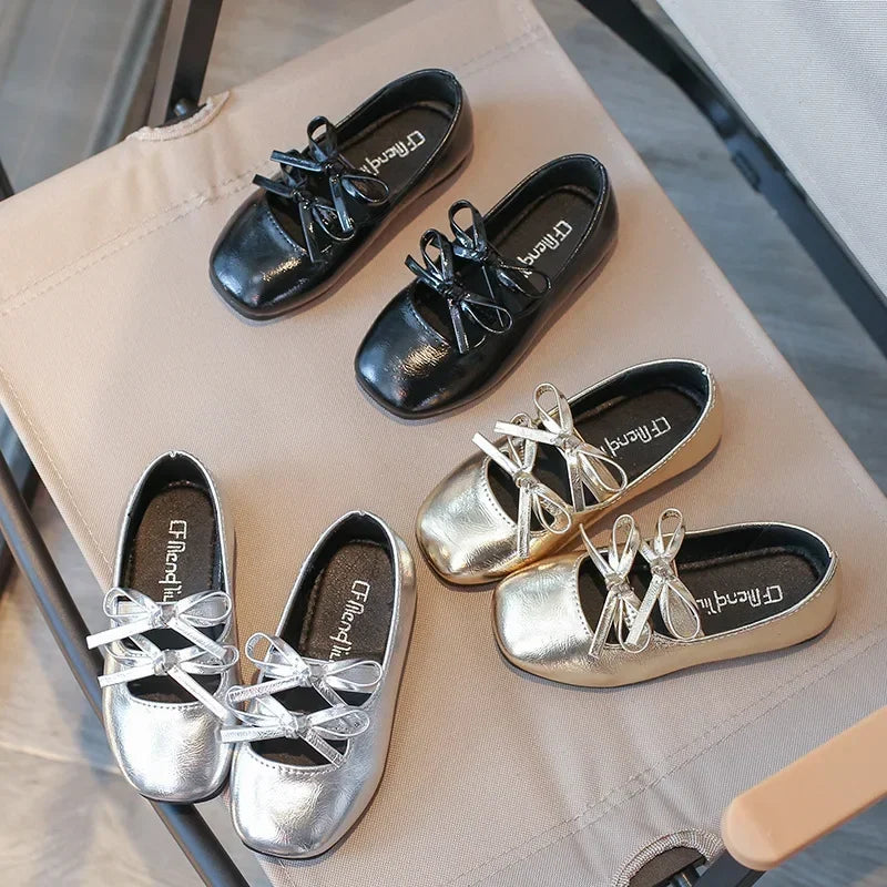 Girls Square-Toe Double-Bow Dress Flats with Cross-Strap Detail in Silver, Black or Gold for Party Outfits, Family Celebrations and Special Occasions