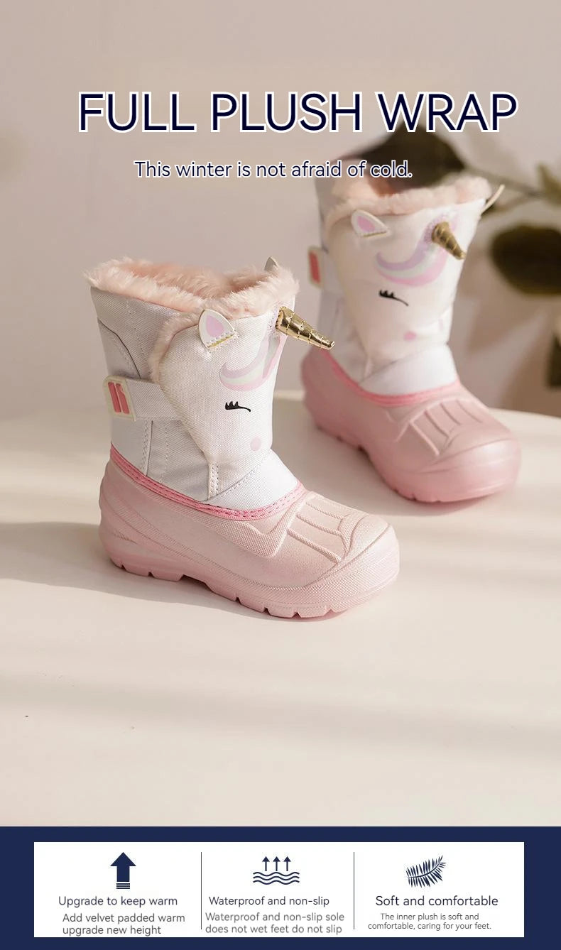 Kids Unicorn Winter Boots with Plush Trim, Gold-Tone Horn and Ear Details, Pink and White Fantasy-Themed Cold-Weather Footwear for Girls
