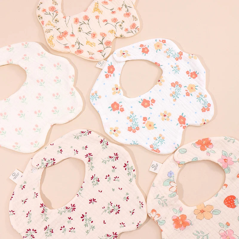Floral Cotton Baby Bibs 5-Pack with Scalloped Edges, Korean-Style Newborn Drool Bib Set for Boys and Girls, Feeding and Baby Shower Gifts