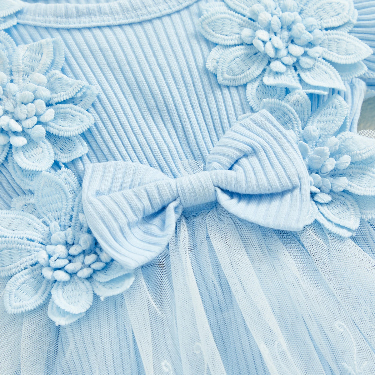 Flower Applique Baby Girl Romper Dress with Headband, Lace Mesh Skirt and Waist Bow, Cotton Blend Summer Occasion Outfit for 0-18 Months