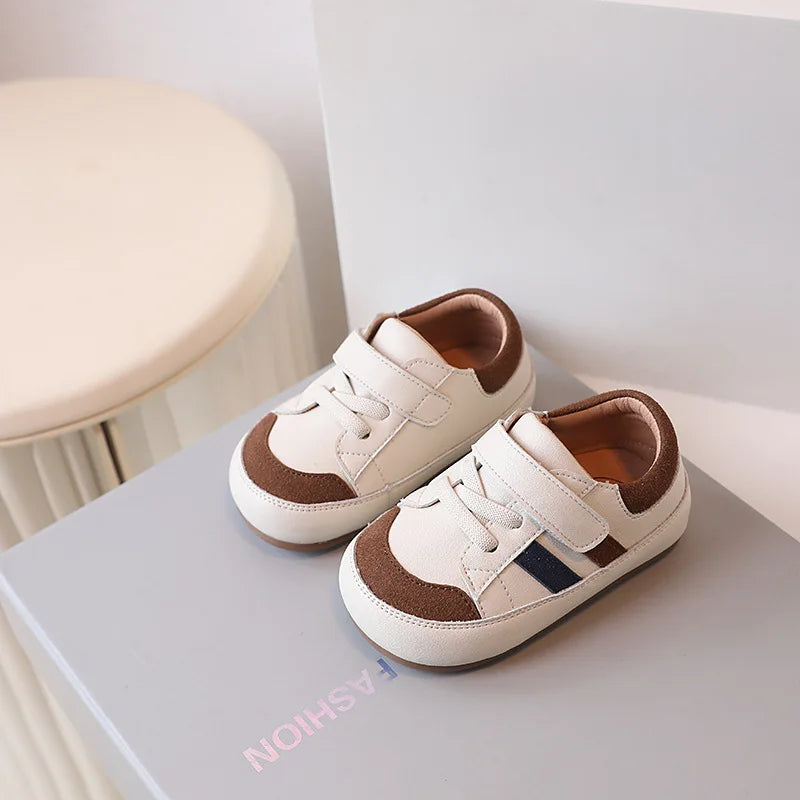 Toddler Microfiber Leather Sneakers with Hook-and-Loop Strap and Colorblock Trim, DIMI Baby Boys and Girls Casual Shoes in Blue Brown or Pink
