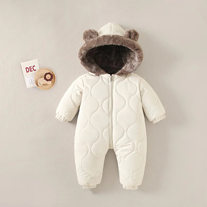 Baby Quilted Hooded Jumpsuit with Bear Ears, Plush-Look Hood Trim and Front Zipper, Long Sleeve Winter One-Piece Clothing for Infants and Toddlers