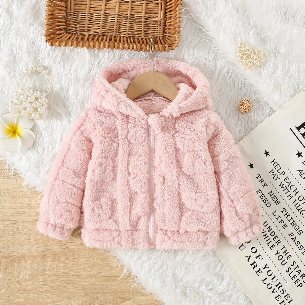 Baby Girl Fleece Zip-Up Jacket with Hood, Pink Heart or Bear Style Toddler Outerwear for Spring and Fall, Sizes 6-9M through 2-3Y
