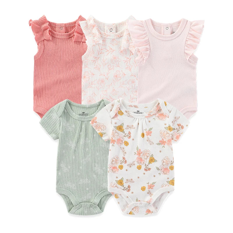Cotton Baby Bodysuit Set of 5, Short Sleeve and Sleeveless Infant Clothing Styles with Solid Colors and Prints for Boys and Girls, 3M-12M