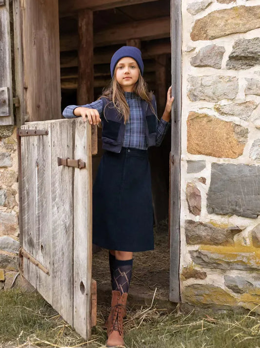Navy Corduroy Sibling Outfits with Jumper Dress, Skirt and Pants Options, Coordinating Cotton Plaid Tee, Short Hoodie and Baby Overalls