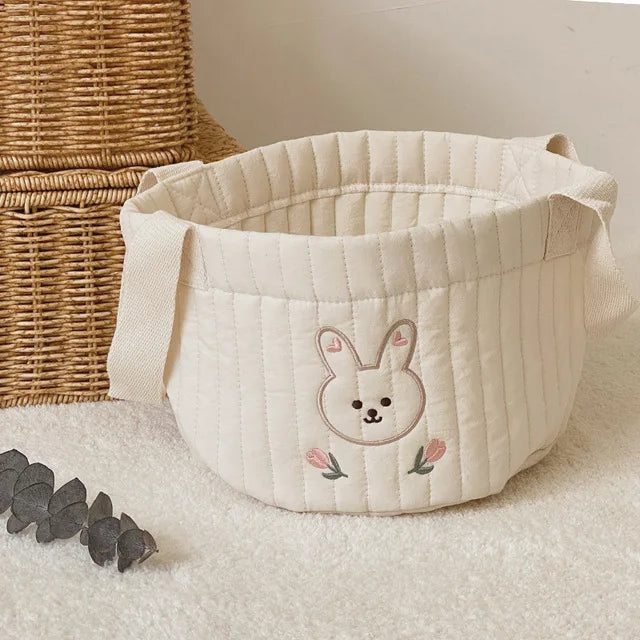Diaper Storage Basket with Cute Bear Embroidery and Carry Handles, Quilted Nursery Organizer for Newborn Diapers, Toys and Baby Essentials