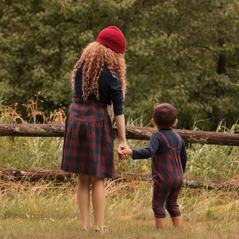 Navy Tartan Sibling Matching Outfits, 100% Cotton Plaid Jumper Dresses, Teen Skirts, Baby Rompers and Coordinating Boys and Girls Tops