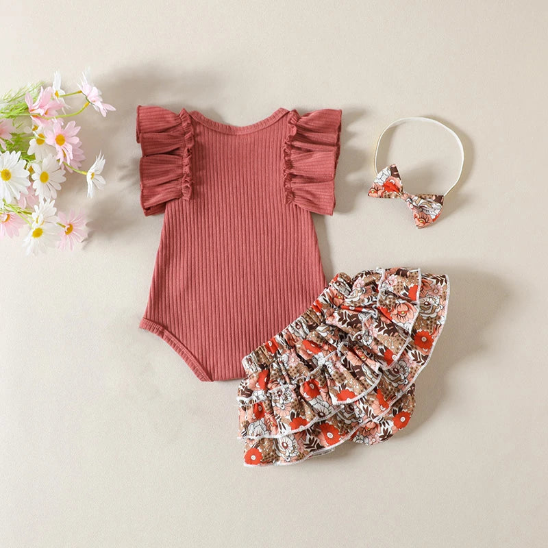 Infant Girls Summer Clothing Set with Ruffle Sleeve Ribbed Romper, Floral Bow Shorts and Matching Headband, 3-Piece Outfit for 0-24 Months