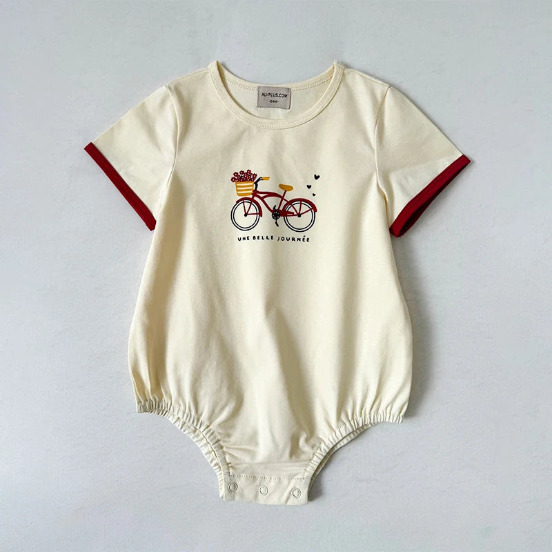 Bicycle Print Sibling Matching Outfits, Cream Girls Dresses and Tops with Red Skirts, Boys Green Shorts and Baby Rompers for Family Photos