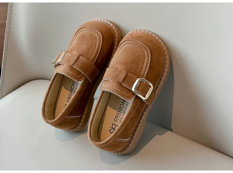 Girls Buckle Loafers with Rounded Toe and Stitched Detail, Brown or Khaki Casual Flats for School Outfits, Spring and Fall Days