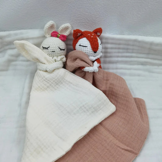 Baby Security Blanket with Crochet Animal Lovey, Soft Comfort Doudou for Supervised Cuddles, Nursery Moments and Baby Shower Gifts