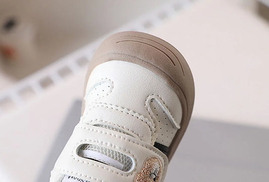 Toddler Bear Sneakers with Hook-and-Loop Strap, Perforated Upper and Striped Sides, Baby Boys and Girls Casual Shoes in Black Gold or Red, Sizes 16-25