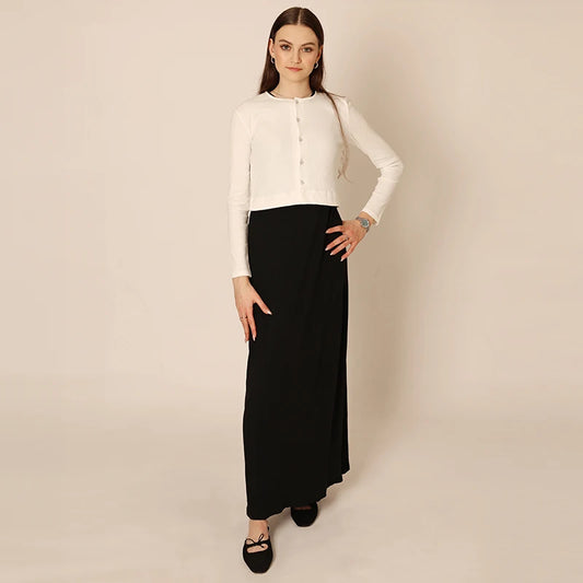 Women's Sleeveless Maxi Dress and Button-Front Cardigan Options, Black and Cream Layering Outfit for Everyday Wear, Ladies XS-3XL
