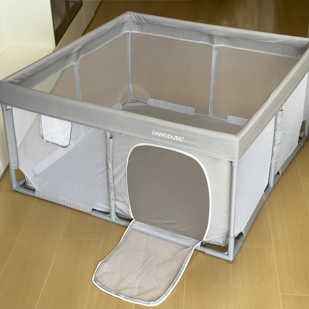 Padded Baby Playpen by PANGDUBE, Gray Mesh Activity Yard with External Zipper Door, Storage Pocket and Five Size Options for Supervised Play