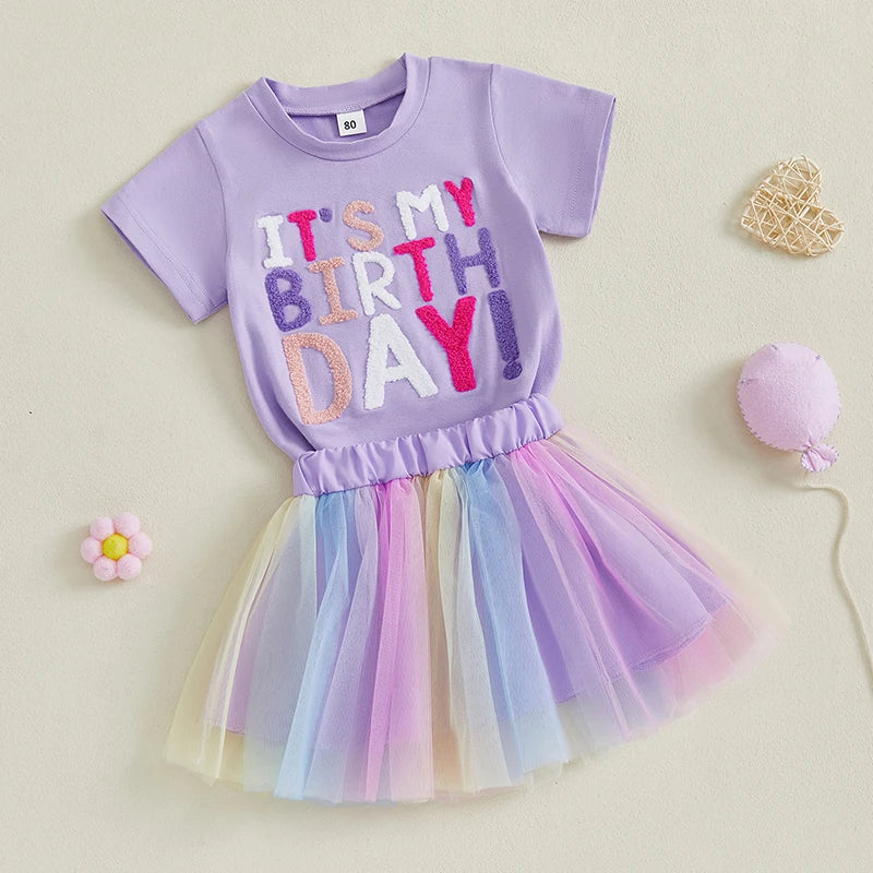 Toddler Girl Birthday Outfit with Purple Embroidered Tee and Pastel Rainbow Tulle Skirt, Two-Piece Party and Photo Set, 12 Months-6 Years