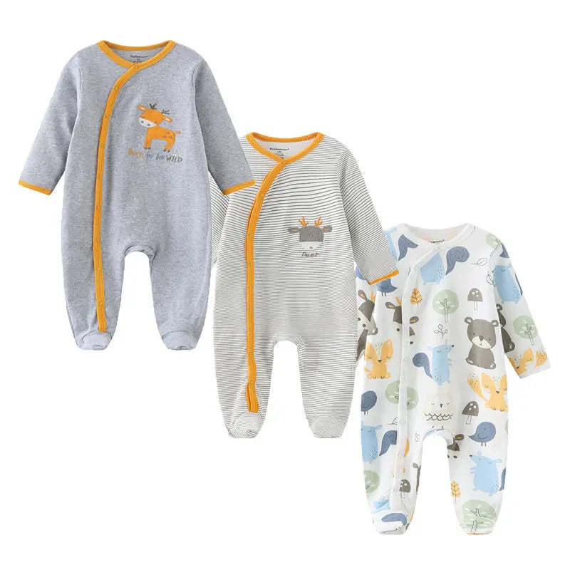 Baby Footed Jumpsuits 3-Pack, 100% Cotton Long Sleeve Cartoon Rompers for Newborn Boys and Girls, Fall and Winter Everyday Outfits