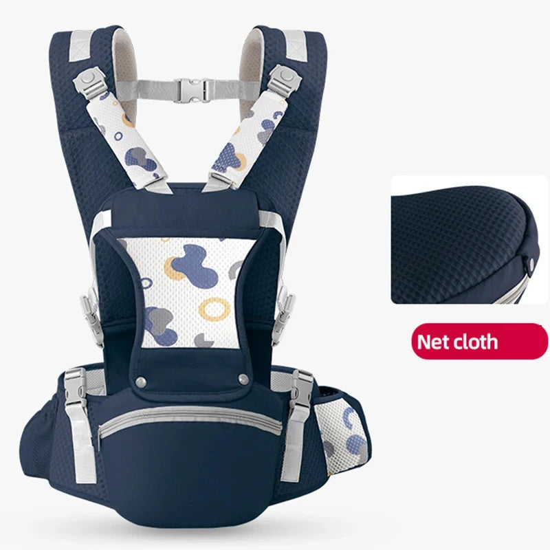 Front and Back Baby Carrier with Hip Seat, Adjustable Buckle Straps and Wide Waist Belt, Gray or Dark Blue Babywearing for Family Outings