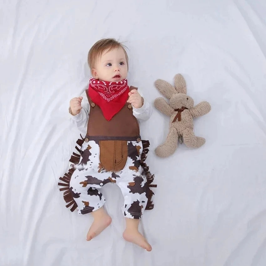 Cow Print Baby Cowboy Costume with Fringe Romper, Sheriff Hat and Red Bandana, Western Birthday Dress-Up Outfit with Sock Options