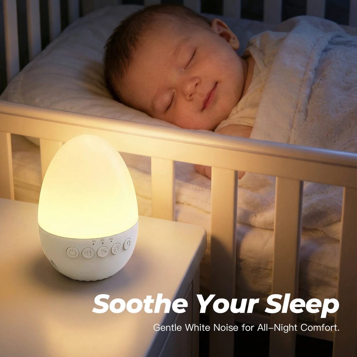 Egg-Shaped White Noise Machine with 30 Sounds, Dimmable Warm Night Light, 30/60/90-Minute Timer and USB-C Rechargeable 700mAh Battery