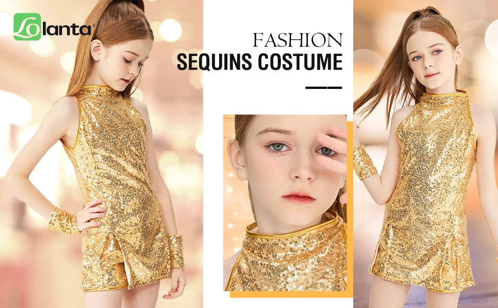 Girls Sequin Jazz Dance Costume with Sleeveless A-Line Dress, Shorts, Socks and Wristbands, Sparkly Hip Hop Stage Outfit for Ages 4-12