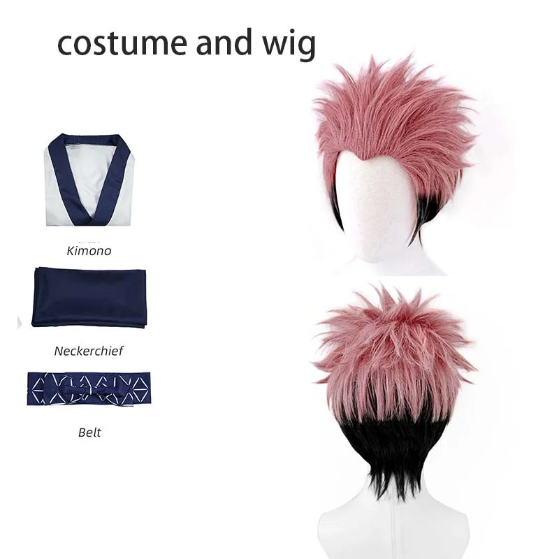 Ryomen Sukuna Cosplay Costume for Adults, White Kimono-Style Robe with Dark Trim, Neckwear and Patterned Waist Belt for Halloween and Anime Events