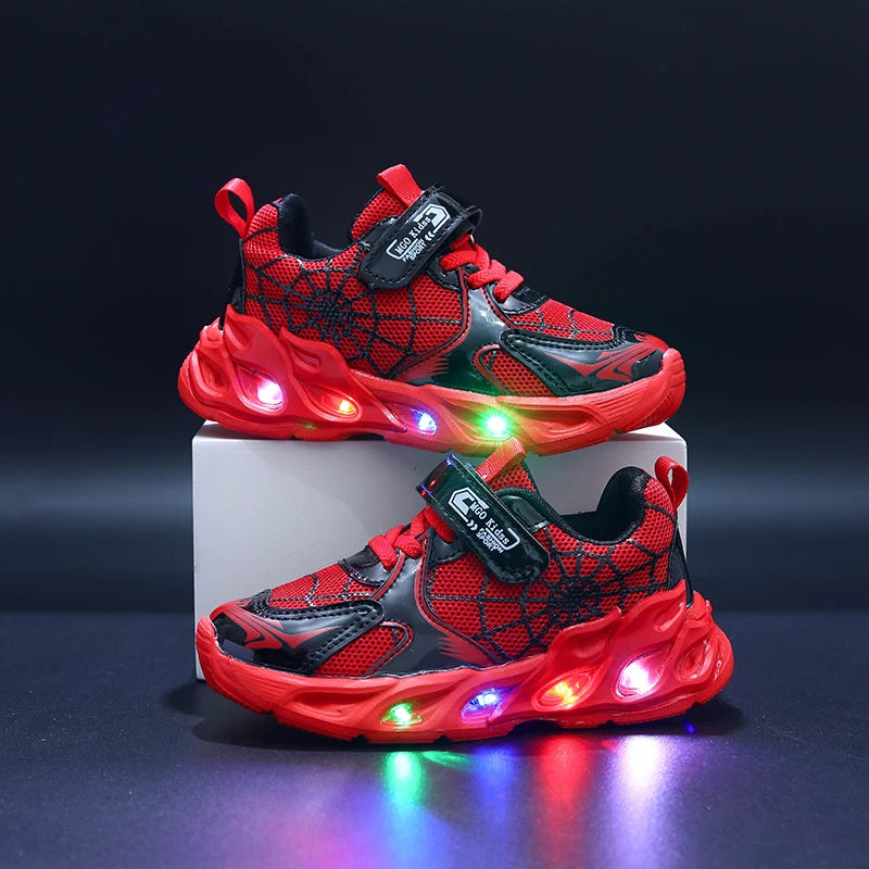 Motion-Activated Light-Up Sneakers for Kids, MGO Breathable Mesh Shoes with Spider-Web Pattern and LED Soles in Red, Blue or Black