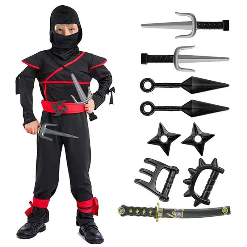 Samurai Ninja Costume for Kids with Hooded Warrior Styling and Toy Accessory Options for Halloween Parties, Cosplay and School Performances
