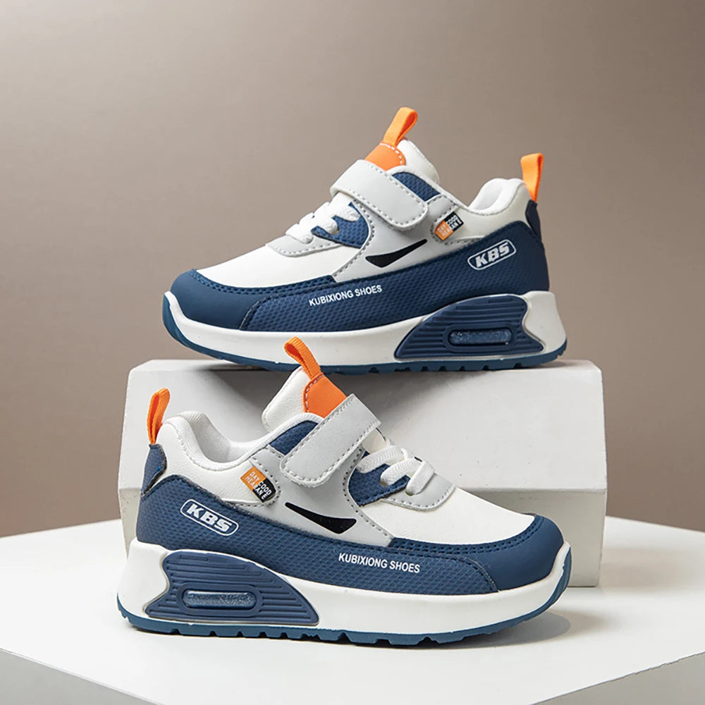 Color-Block Kids Running Shoes with PU Leather Upper, Soft Rubber Sole and Strap Closure for Boys and Girls, School Days and Outdoor Play