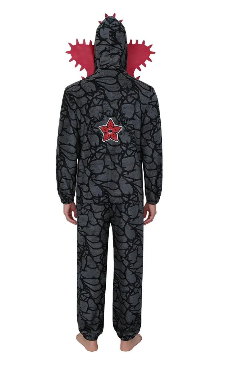 Demogorgon Costume for Kids and Adults, Black Flannel Monster Hooded Jumpsuit with Flower Face Design for Halloween Parties and Cosplay