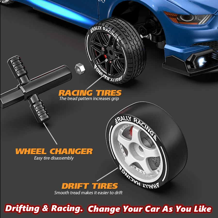 RC Drift Racing Car with 4WD, 2.4GHz Proportional Remote Control, LED Lights and Replaceable Racing and Drift Tires for Kids and Adults