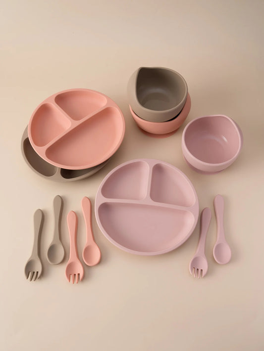 Four-Piece Silicone Baby Feeding Set with Three-Section Suction Plate, Bowl, Spoon and Fork for Supervised Toddler Meals in Ten Color Options