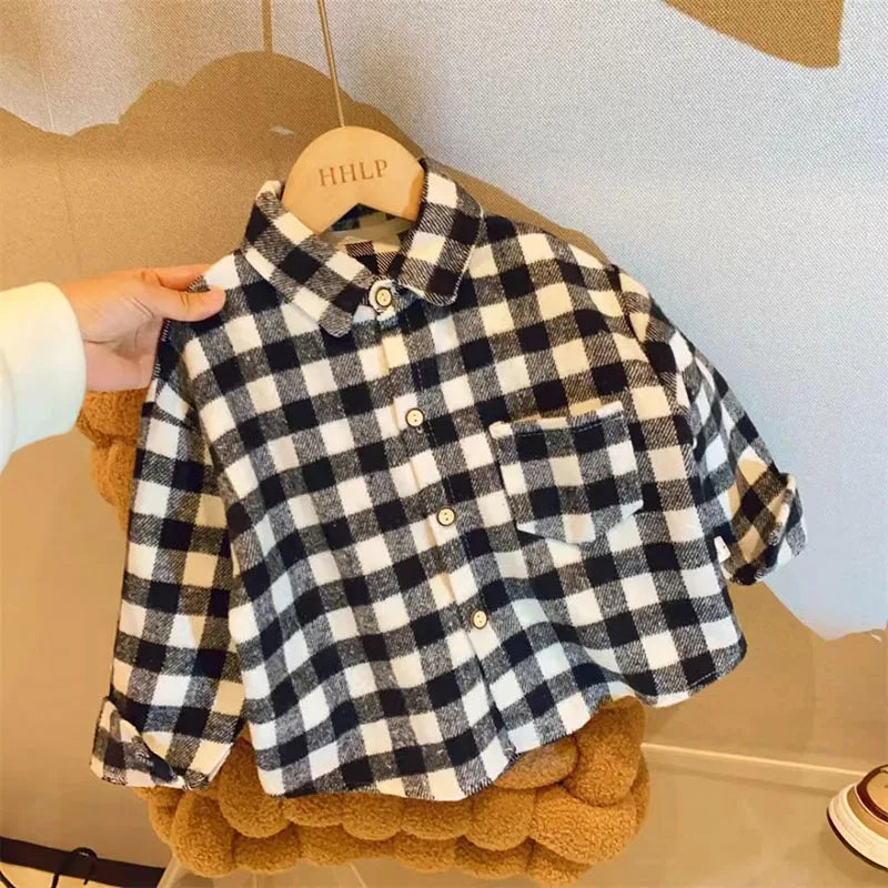Plaid Kids Long Sleeve Button-Down Shirt with Classic Collar, Retro Casual Layering Top for Boys and Girls, Size Labels 90-150 cm