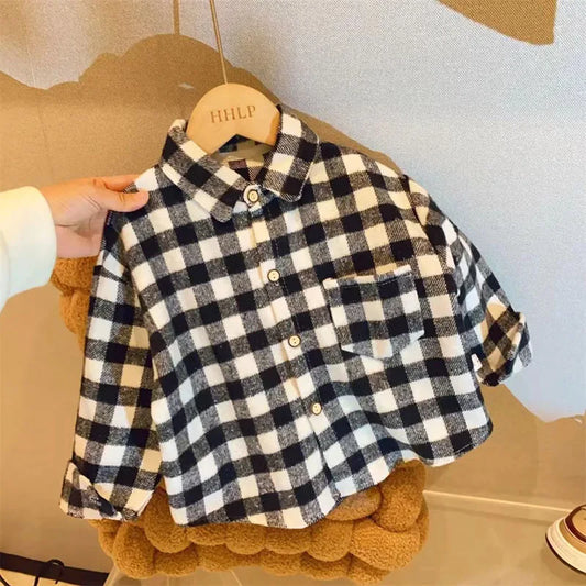 Plaid Kids Long Sleeve Button-Down Shirt with Classic Collar, Retro Casual Layering Top for Boys and Girls, Size Labels 90-150 cm
