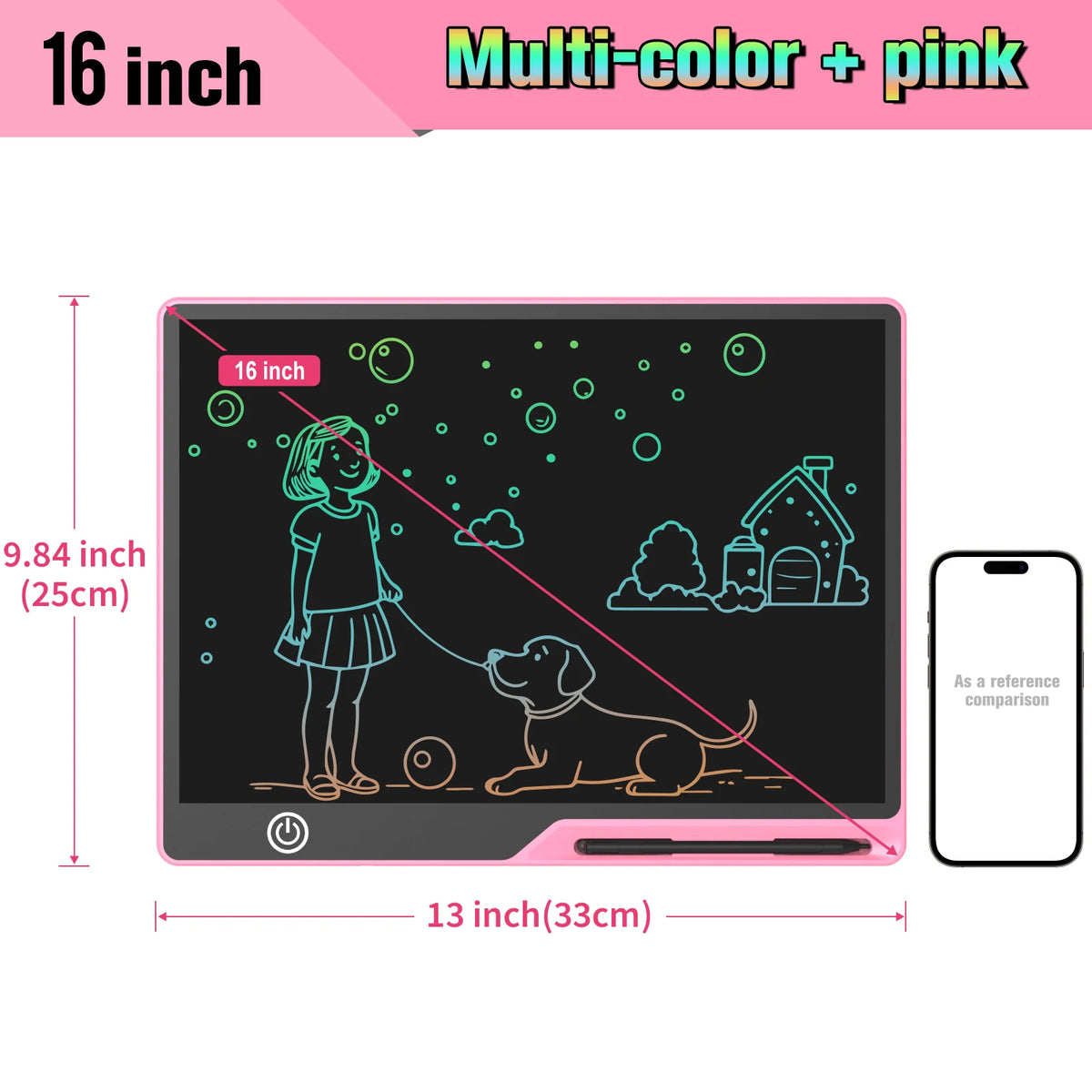 Rechargeable LCD Writing Tablet for Kids, 16 or 20 Inch Color Drawing Board with Screen Lock, Erase Button and Stylus for Learning and Memos