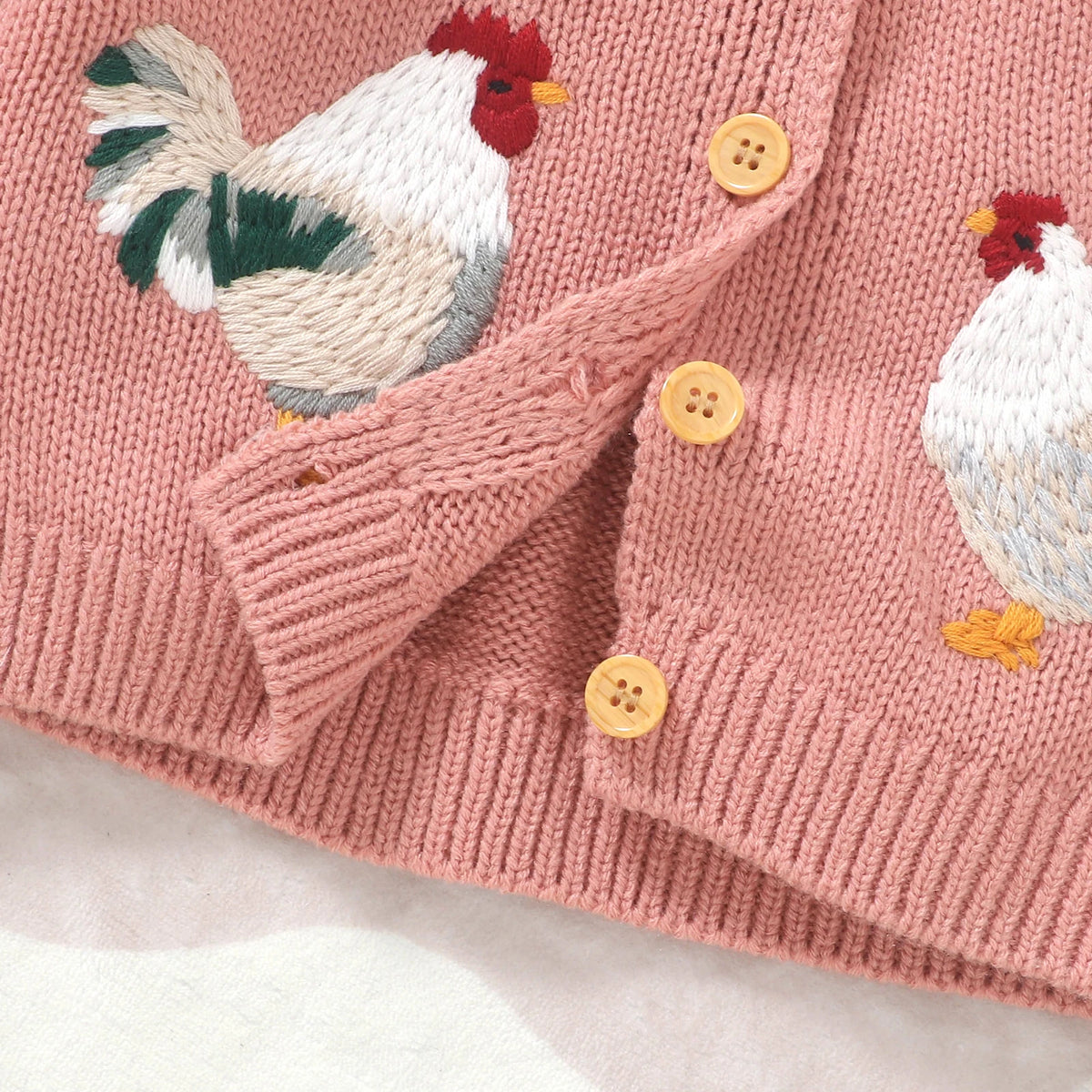 Rooster Embroidered Baby Girl Cardigan with White Ruffle Collar, Long Sleeve Button-Front Knit Sweater in Pink or Green, Sizes 6 Months to 3 Years