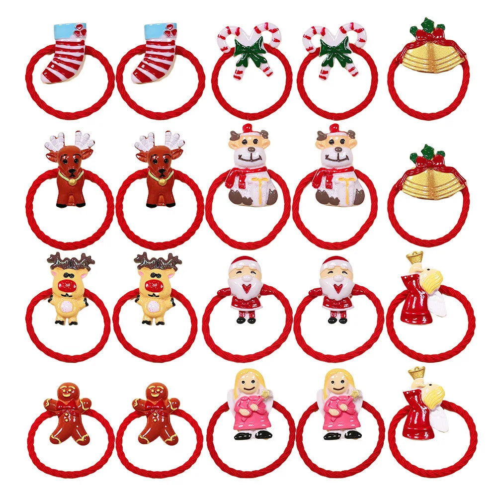 Christmas Hair Ties for Girls, 20-Piece Red Elastic Ponytail Holder Set with Santa, Reindeer, Bells and Festive Charms for Holiday Hairstyles