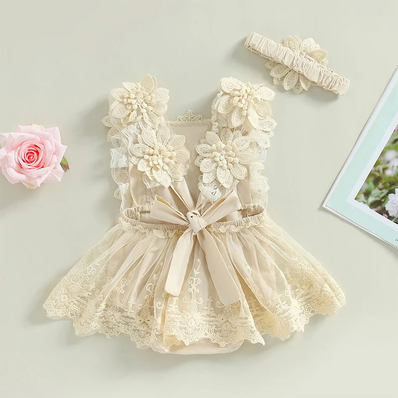 Floral Lace Baby Romper Dress with Matching Headband, Raised Flower Bodice and Sleeveless Square Neck for Parties and Milestone Photos, 0-18 Months