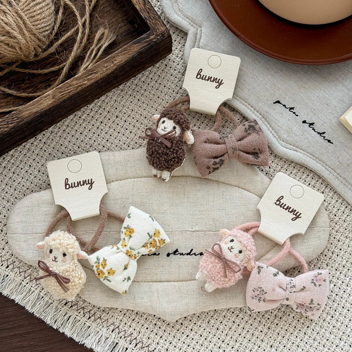 Sheep and Bow Hair Ties for Girls, 2-Piece Elastic Ponytail Holder Set with Cute Animal Detail in Beige, Coffee or Pink for Everyday Hairstyles