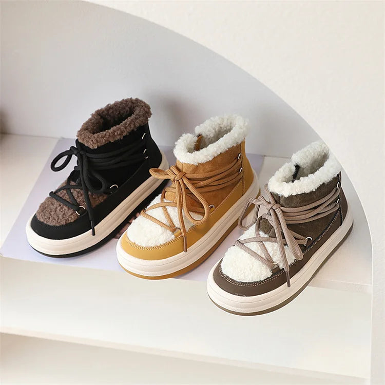 Toddler Fuzzy Trim Ankle Boots with Lace-Up Front and Side Zippers, Plush Winter Styling and Rubber Soles for Boys and Girls, Sizes 21–30