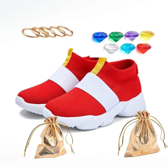 Sonic-Inspired Red Slip-On Shoes with White Band Detail and White Soles, Game-Themed Casual Footwear with Ring and Gem Options for Kids