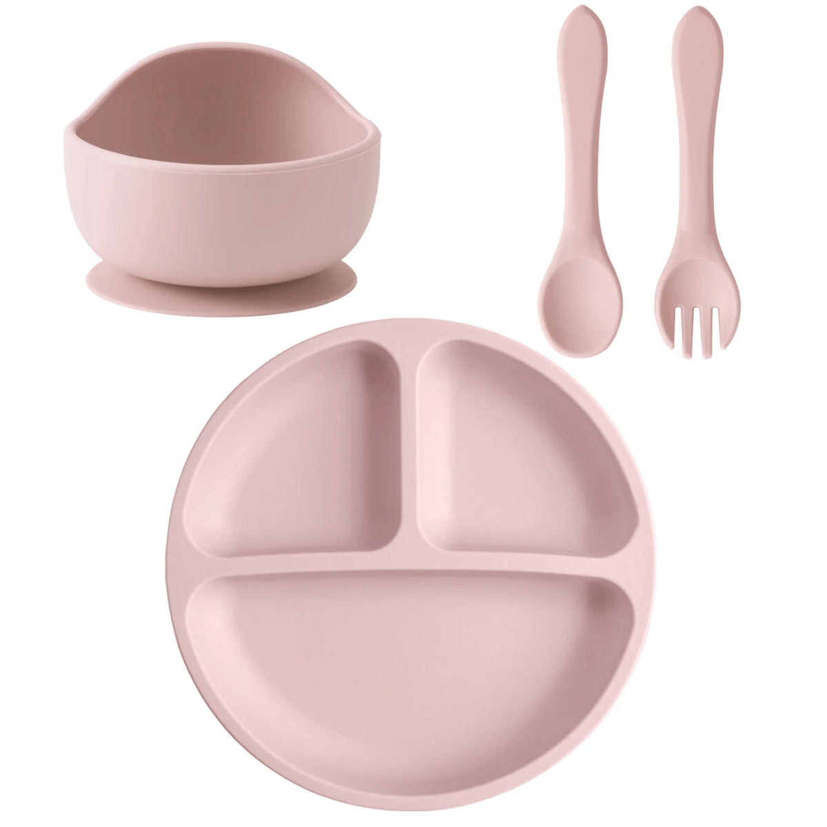 Four-Piece Silicone Baby Feeding Set with Three-Section Suction Plate, Bowl, Spoon and Fork for Supervised Toddler Meals in Ten Color Options