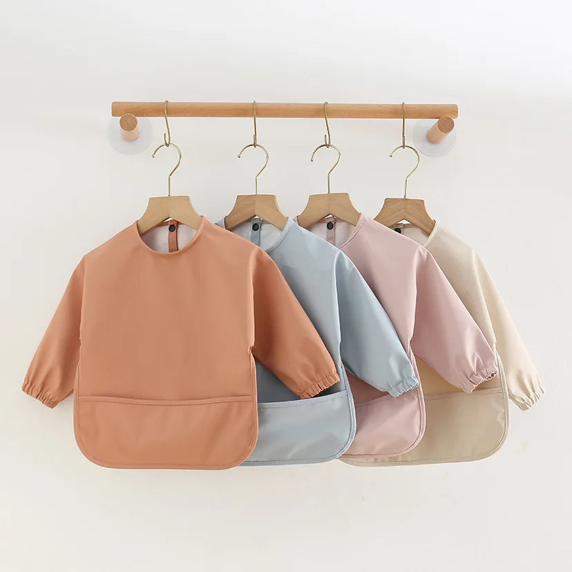 Long Sleeve Feeding Bib for Babies and Toddlers, Solid Color Polyester Mealtime Apron with Front Pocket for Snacks and Messy Art Play