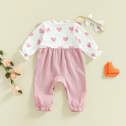 Baby Valentine Outfit for Girls, Pink Heart Print Long Sleeve Romper and Headband Set with Round Neck for Family Photos, Sizes 1-18 Months