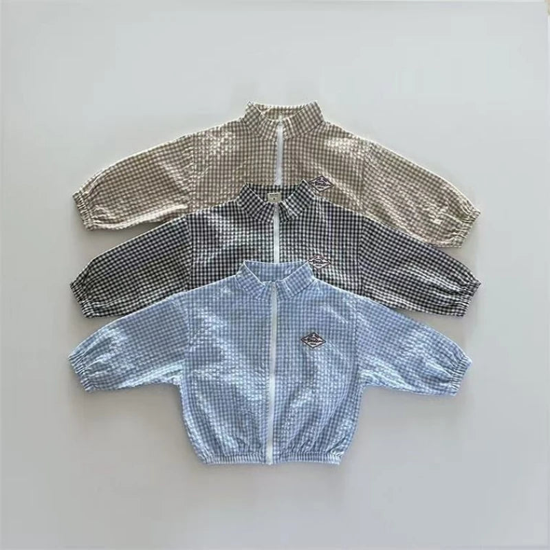 Kids Plaid Jacket and Shorts Set with Stand Collar and Front Zipper, Blue Black or Khaki Two-Piece Summer Outfit for Babies and Toddlers