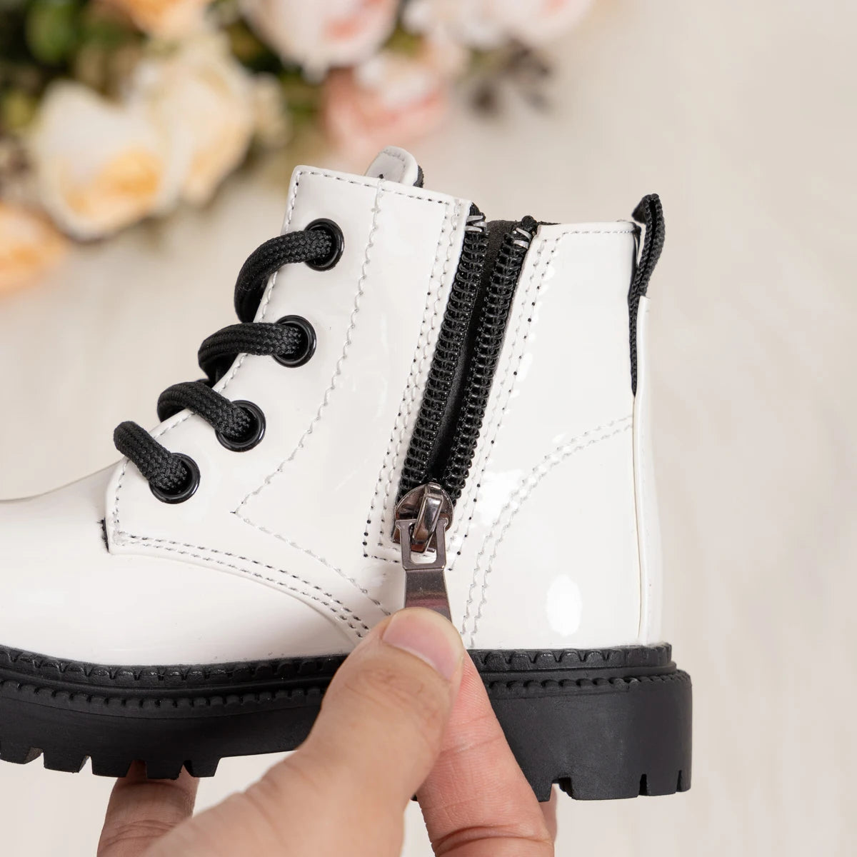 Kids PU Leather Combat Ankle Boots with Lace-Up Front, Side Zipper and Black Chunky Soles, Boys and Girls Fall Winter Shoes in Sizes 21-30